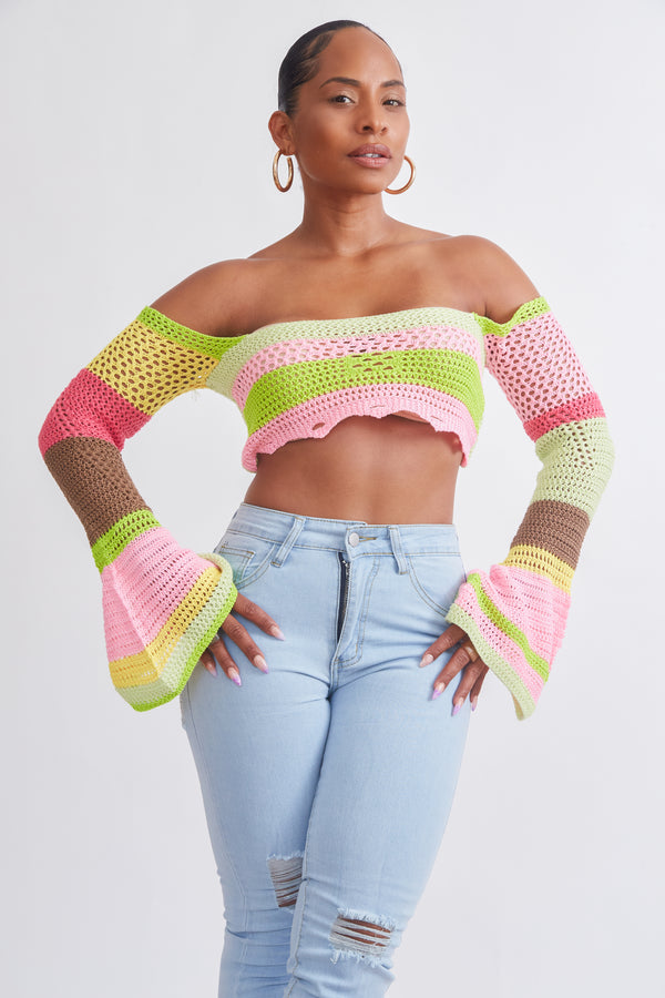 Neon Dreams Crochet Off-Shoulder Top